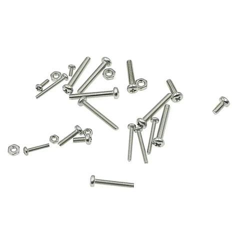 All In One Stainless Steel Phillips Pan Head Machine Screws And Hex Nuts Assortment Kit In Metric M2 M2.5 M3 Sizes For Home Workshop Projects Electronics RC Builds scattered on white background.
