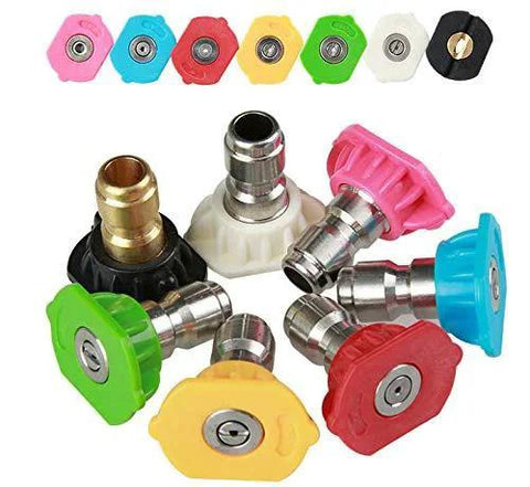 Various colored pressure washer nozzle tips with quick connect 1/4 inch fittings, including 2-pack 0 degree red tips.