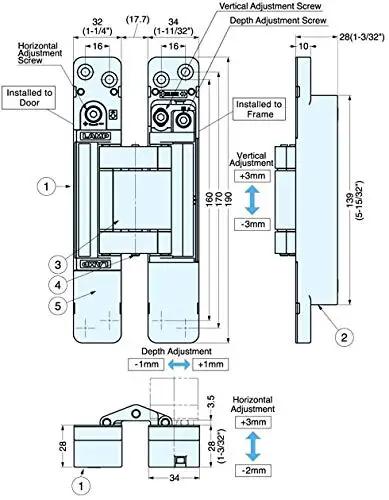 Technical diagram of 3 Way Adjustable Invisible Concealed Hinge HES3D E190 Matte Black With Vertical Horizontal And Depth Adjustment For Easy Install