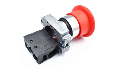 Red Mushroom Emergency Stop Button Switch 22mm NC Latching 600V 10A, side view of rugged stop button for machinery with plastic and metal construction.
