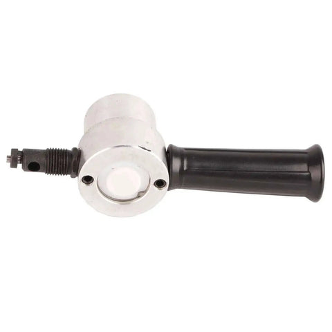 Dual Head 160A Metal Nibbler Drill Attachment With 360 Degree Rotating Heads shown in side view with black handle