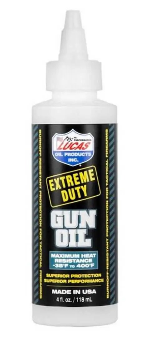 Extreme Duty Gun Oil 4oz bottle for high heat, high friction firearms lubrication, labeled for maximum heat resistance.