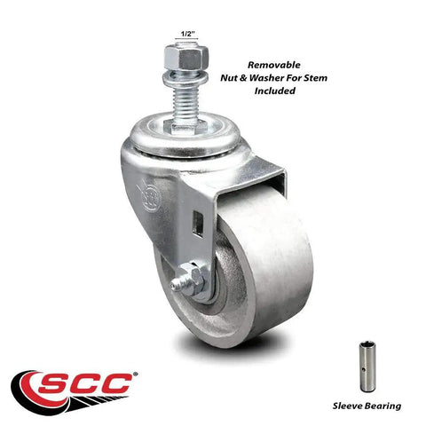 3 Inch Semi Steel Wheel Swivel Caster With One-Half Inch Threaded Stem displayed with removable nut and washer, SCC logo visible