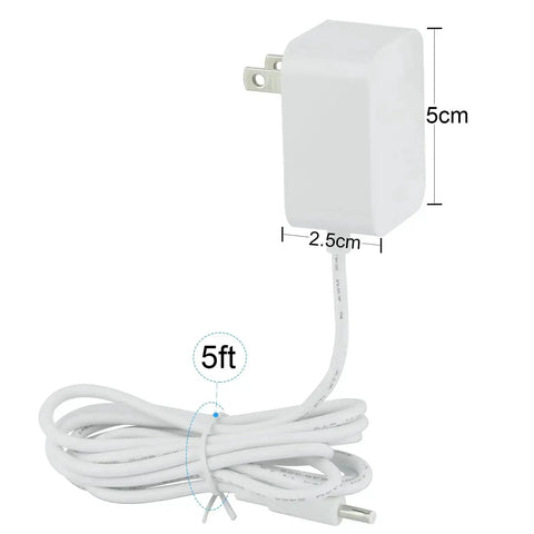 Replacement Power Cord For Rest Sound Machine Night Light 5V 1A Barrel Plug 5ft White AC Adapter Cable UL Listed 100 240V Input Durable Wall Charger For Sleep Gear, showing 5ft cable and dimensions