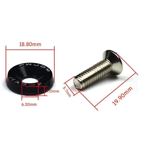Red 20 Piece Set Bumper Fender Washer Kit For Engine Bay Dress Up Bolts And Fasteners M6 CNC Aluminum Anodized For Cars And Motorcycles To Upgrade Exterior Look And Durability Dope Finish close-up of a washer and bolt with measurements.