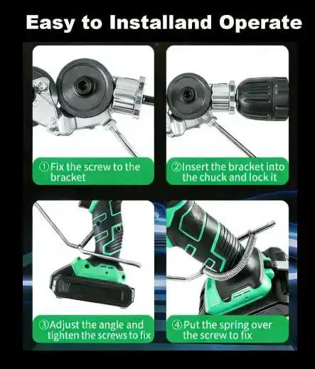 Drill Nibbler Sheet Metal Cutter Attachment installation guide for fast burr-free cuts showing four steps to attach to a drill.