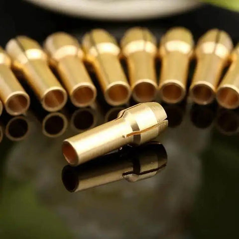 10 Pack Brass Collet Nut Adapters 3.2mm Replacement for Dremel Rotary Tools, copper collet nuts arranged on reflective surface.