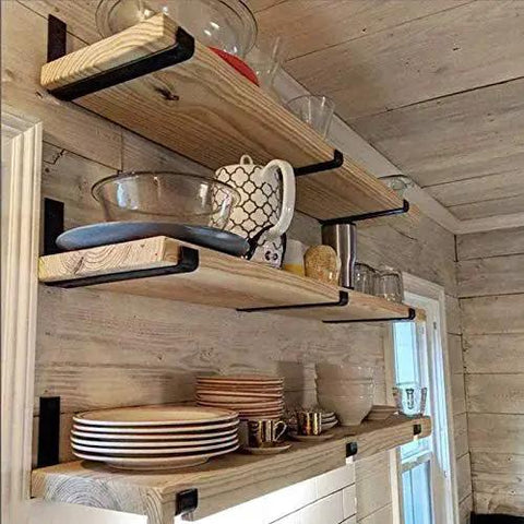12 Inch Heavy Duty Floating Shelf Brackets Set of 6 Industrial Black Iron Wall Mounted Shelf Supports installed with wooden shelves