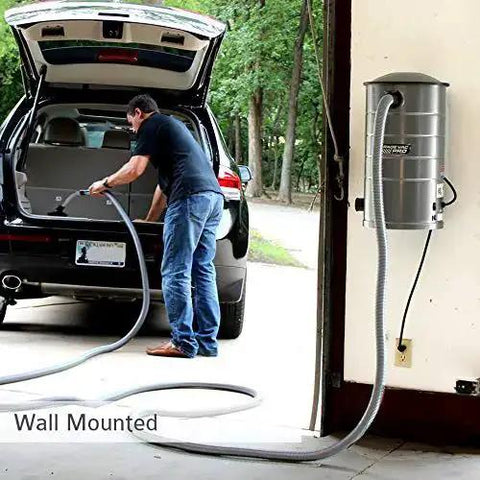 Wall Mounted Garage Vacuum With 50 Ft Hose And Tools Heavy Duty 7 Gallon Steel Can Corrosion Resistant Finish in use