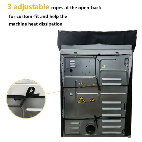 Front view of black 2-pack washer and dryer covers over a top-load washing machine; straps visible for securing.