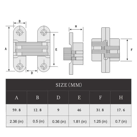 Product diagram for Invisible Concealed Cross Hinges For Wood And Metal Doors, Satin Nickel Finish, with size measurements.