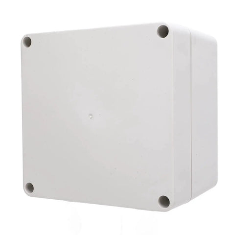 Front view of IP65 Waterproof ABS Plastic Enclosure Box with concealed mounting holes, 120x120x90mm, durable weatherproof housing.