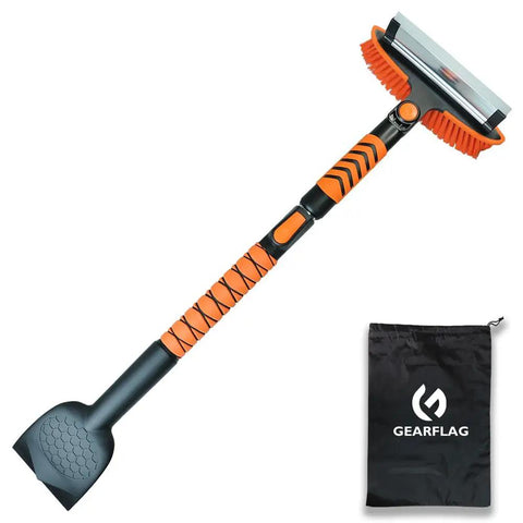 All In One 4 In 1 Car Snow Brush And Ice Scraper With 45 Inch Extendable Reach 180 Degree Rotating Head Squeegee EVA Grip Emergency Shovel For Trucks And SUVs GearFlag Winter Ready All Weather Road Trip Essential with storage pouch.