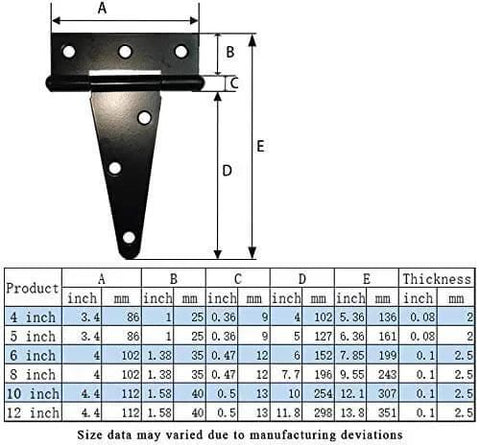 Chart showing dimensions for Heavy Duty T Strap Shed Gate Hinge Set For Indoor Outdoor Doors And Barn Gates 6 And 12 Inch Iron Black Finish