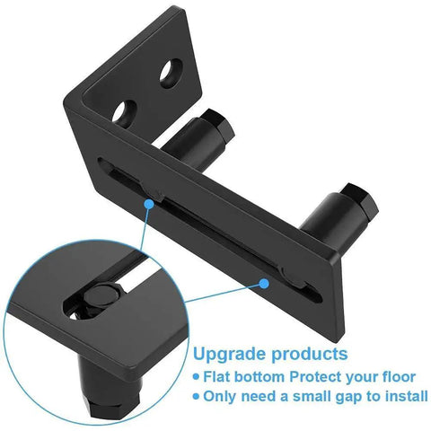Black Floor Guide And Bottom Wall Guide Set For Barn Doors With Flush Design Flat Bottom Stay Roller Two Pack Heavy Duty Cast Iron Rust Resistant Powder Coat 5 Mm Thick 4.72 In Length 5.26 In Height 2.05 In Wide visible in detailed view