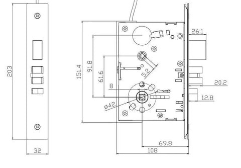 Technical diagram of Built Tough Commercial Heavy Duty Mortise Lock Handle Set, dimensions 70x92mm, reversible latch, satin stainless housing.