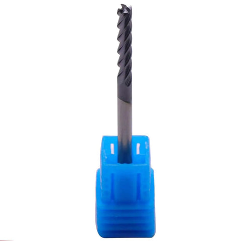 Front view of Pro Grade 5 Piece Solid Carbide Long End Mills AlTiN Coated 4 Flute 30 Degree Helix For Precision Milling in blue holder.
