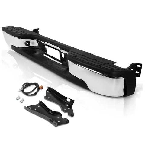 Rear Step Bumper With License Plate Lights For Chevy Silverado GMC Sierra, ABS material, chrome trim, installation view