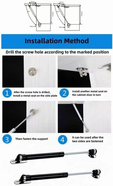 Installation guide for 6 Inch Gas Struts For Cabinets 20N 4.4lb Black Professional Cabinet Shocks Lift Supports 2 Pack with mounting brackets.