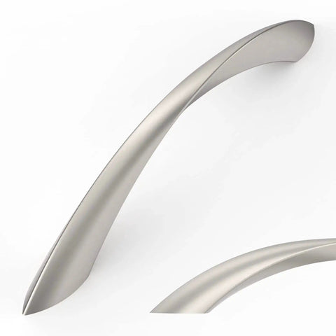 10 Pack Brushed Satin Nickel Arch Twisted Cabinet Pulls 5 Inch Hole Centers, close-up showing satin finish and sleek design.