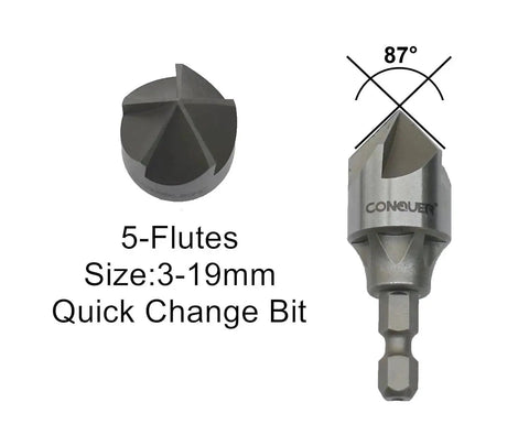 Five Flute Metal Countersink Drill Bit 87 Degree With One Quarter Inch Hex Shank For Three To Nineteen Millimeter Holes Burr Removal Deburring Beveling Chamfer Tool For Pipes And Metalwork By CONQUER Tools, shown from the side and top angles.