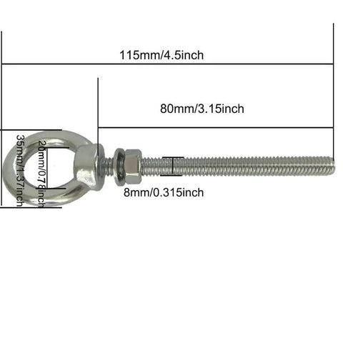 Heavy Duty Stainless Steel Eye Bolts 2 Pack M8 Shoulder Eyebolt Set With Washers And Nuts, 4.5 Inch Overall Length, 3.15 Inch Thread Length