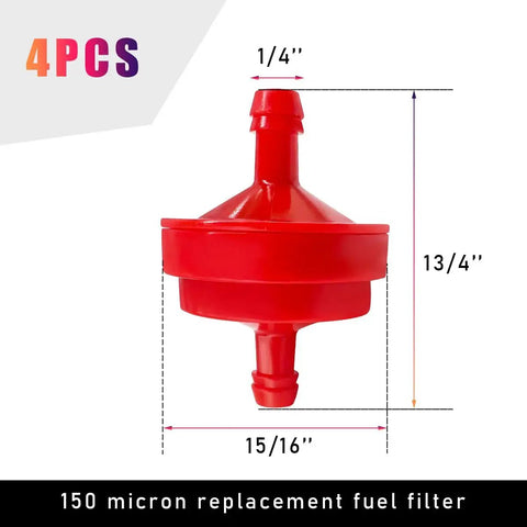 Image of 4 Pack Inline Gas Fuel Filter for Lawn Mowers, 1/4 Inch, 150 Micron Replacement, red plastic filter.