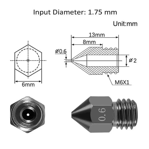 Diagram and dimensions of Five Pack 0.6mm Hardened Steel MK8 Nozzles for 3D Printing