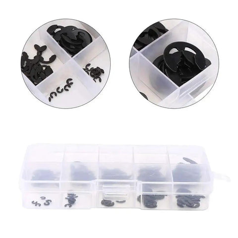 120 Pcs E Clip Circlip Assortment Kit External Snap Ring And Retaining Ring Set in a clear plastic storage box
