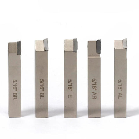 Front view of Mini Indexable Lathe Turning Tool Set With 5 By 16 Inch Shank Nickel Plated Carbide Inserts TCMT090204, five tool holders visible.