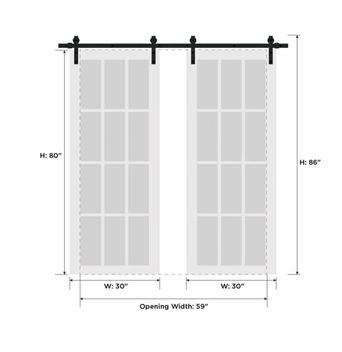 Sturdy Double Barn Door With Clear Glass Matte Black Finish, Heavy Duty Stainless Steel 13 Foot Rail Track System With Hangers