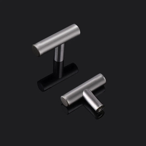 Brushed Nickel 5 Pack Single Hole Cabinet Knobs And Stainless Steel T Bar Handles Set, 2-Inch, on black background