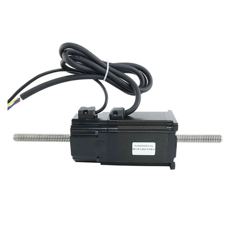 Side view of a black NEMA23 stepper motor with two threaded lead screws extending from both ends and a bundled cable.