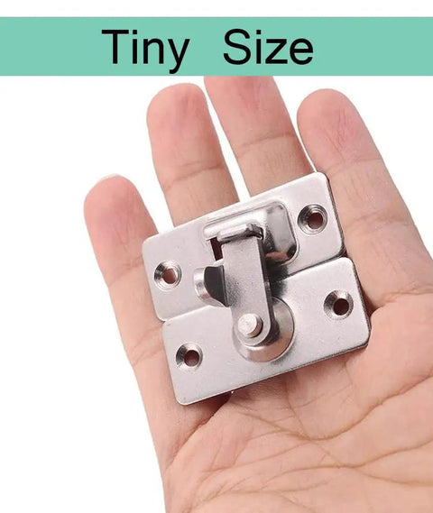 Mini 90 Degree Door Latch Lock For Sliding Doors Screen Doors And Pocket Doors Made From 304 Stainless Steel shown in hand.