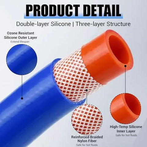 Blue outer silicone heater hose, 3/4-inch ID, 10 ft roll, orange inner layer with white reinforced nylon braid.