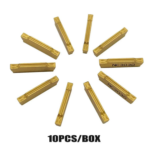 Tin Coated Carbide Grooving Inserts 2mm Wide Set Of 10 For MGEHR MGIVR Lathe Grooving Cut Off Tool in a circular layout