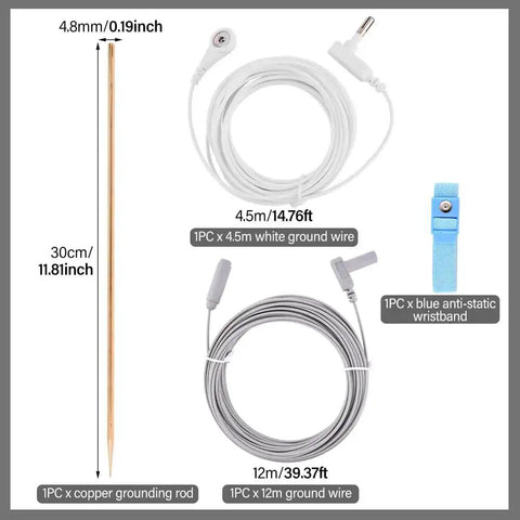 Copper Grounding Rod Kit With 39 Feet White Ground Wire And Blue Anti Static Wristband, shown with components and measurements