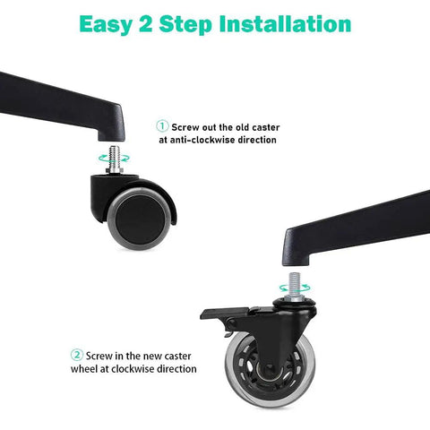 Instructional image showing installation of 3 Inch Swivel Stem Casters With Locking Brakes Threaded 3/8-16UNC Stud Heavy Duty Caster Replacement.