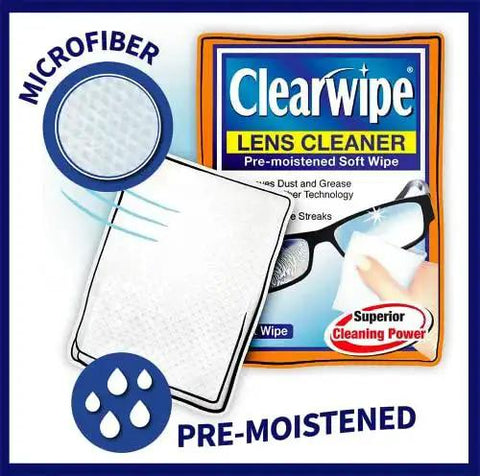 Packaging of Microfiber Lens Wipes Pre-Moistened White 40 Count For Glasses And Screens with cleaning symbols
