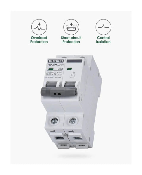 32 Amp AC Miniature Circuit Breaker 2 Pole DIN Rail Mount Thermal Magnetic Trip Switch For Solar Or Home AC Systems 120 240V C Curve MCB 63 Amp