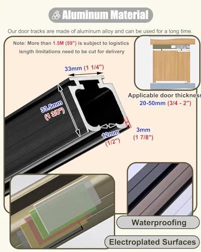 Close-up of aluminum Soft Close Pocket Door Track Kit showing cross-section measurements and door thickness range.