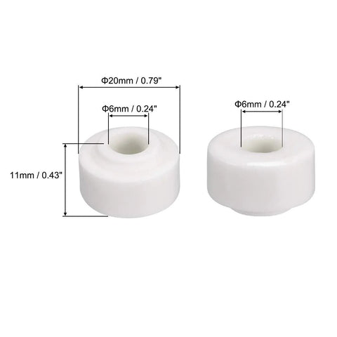 Ceramic insulator bead, 6 mm ID x 20 mm OD, white ceramic, for heat shrink tubing and wiring; 2 pcs shown