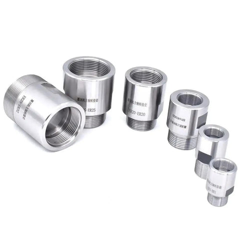 Front view of a silver metal set of thread adapters and ER collet chucks for spindle motors, in sizes ER11–ER25.