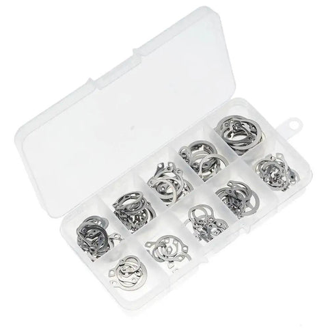 Stainless Steel Retaining Circlips Set 100 Pcs M8 M9 M10 Internal External Snap Rings Kit For Mechanics And DIYers Gear Up With This Heavy Duty Assortment Of Internal And External Rings in an open plastic case