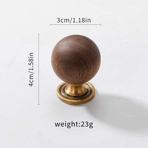 Walnut wood sphere knob with copper base, 4cm height, 3cm diameter, 23g weight. Part of the 10 Pack Walnut Wood Sphere Cabinet Pulls With Copper Base 1.18 Inch Drawer Knobs For Dresser Wardrobe Cupboard Cabinets And Furniture Ideal Replacement Hardware For Kitchen And Home Renovations.