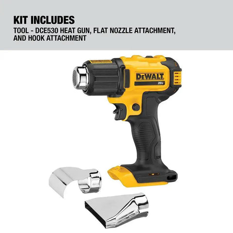 Cordless Heat Gun With LED Light And Lock On Convenience, No Cord, All Power, Hits Up To 990 Fahrenheit, Roughly 42 Minutes Runtime Per Charge, Includes Flat And Hook Nozzle Attachments, Tool Only DCE530B with attachments.
