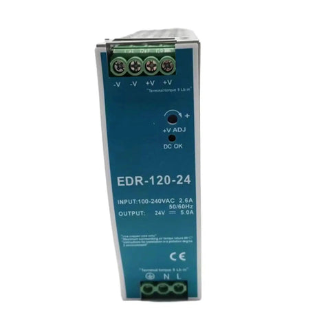 Front view of 120W 24V DIN Rail Switching Power Supply For CCTV And LED Lighting SMPS Pro Grade High Efficiency Industrial Power Unit Built To Last Tough As Nails For Rugged Rail Installations