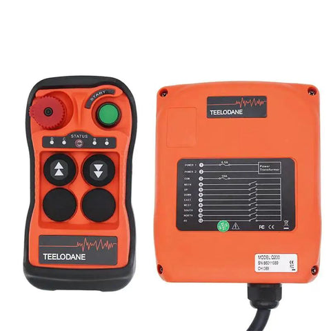 Q200 wireless crane remote kit: orange handheld transmitter and orange receiver unit; brand label visible.