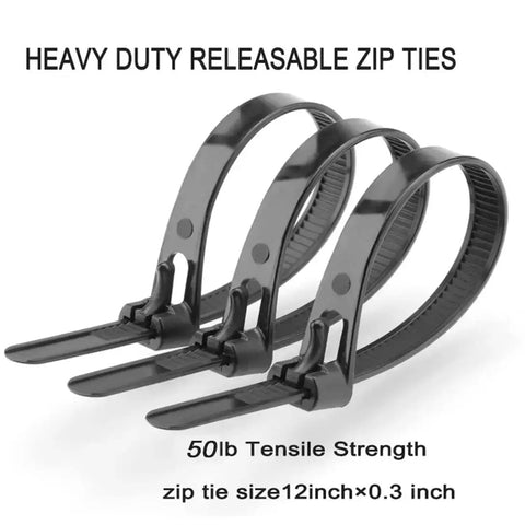 Releasable Reusable 12 Inch Heavy Duty Zip Ties Black Nylon Cable Ties 100 Pack With 50 Lb Tensile Strength for Multi Purpose Use.