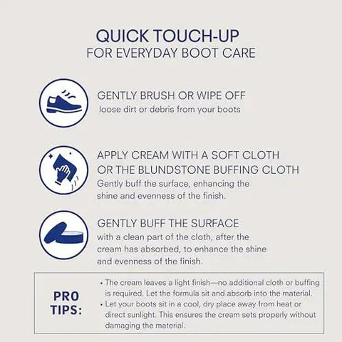 Instructions for using Leather Care Renovating Cream for Rustic Leather to nourish and condition boots and shoes from Blundstone.